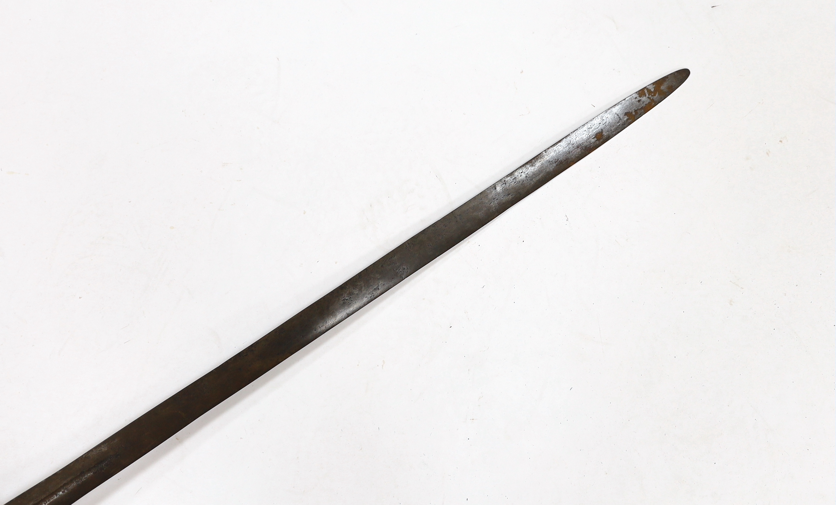 A 17th century Walloon-hilted small sword with pierced iron guard, replacement wooden grip and wide blade (possibly associated), blade 79cm